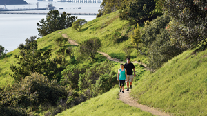 people walking on trail with view of bridge and bay in the background