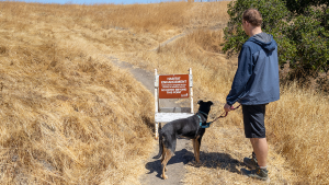 Man and dog at Trail Closed sign