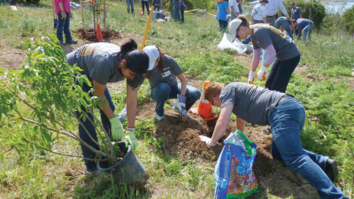 Voluntarios plantando árboles por el Día de la Tierra