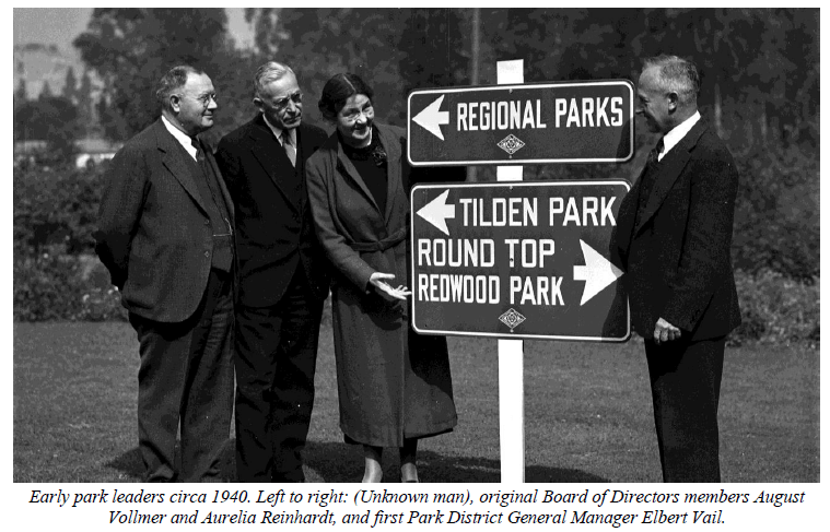 Four people standing around a sign that reads "Regional Parks" with an arrow pointing left and "Tilden Park" with arrow pointing left/ "Round Top Redwood Park" with arrow pointing right