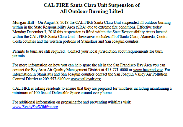 Notice from CAL FIRE lifting outdoor burning ban