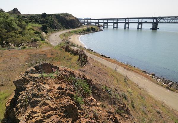 Looking down at the SF Bay Trail corridor along the shoreline of Point Molate
