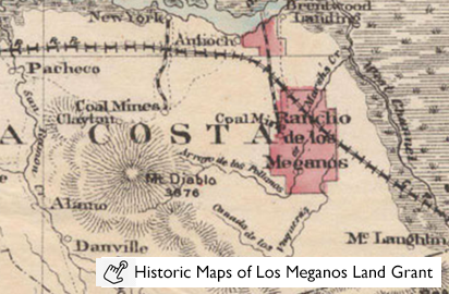 1872 Map of the San Francisco Bay Area Showing Rancho de Los Meganos in Red below the City of Antioch