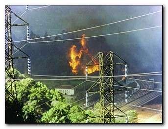 Photo of flames flaring up pictured behind Oakland city powerlines
