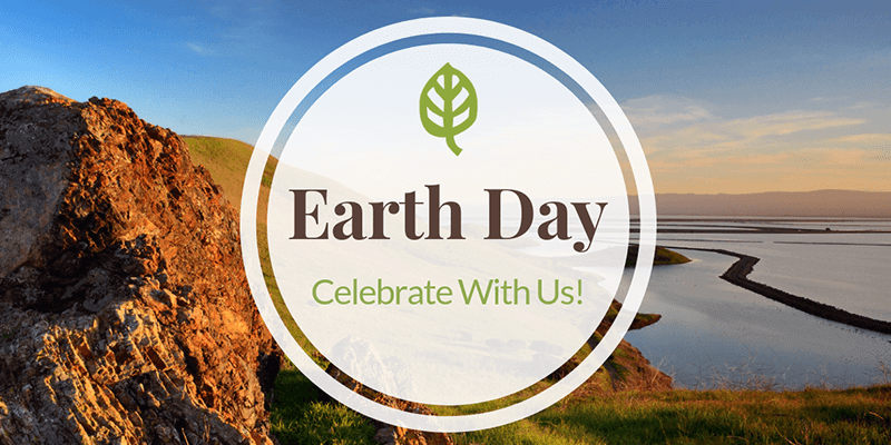 Earth Day Celebrate With Us! and EBRPD logo in front of hills and water