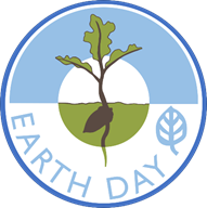 Circular image of a sprouting plant with "Earth Day" written below