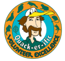 Volunteer Excellence sticker with cartoon Dc. Quack in the center 