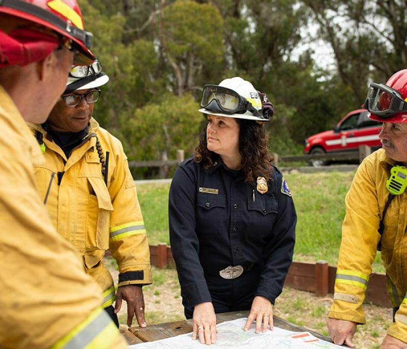 Fire Chief Aileen Theile (middle) planning flammable vegetation removal.
